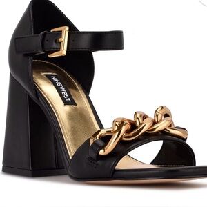Nine West Jerri Black Chain Link Block Heel Sandals Gold Ankle Strap Size 8